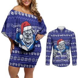 Personalized Canterbury Bulldogs Christmas Couples Matching Off Shoulder Short Dress and Long Sleeve Button Shirt Australian Rugby Fans - Pixelated Ugly Xmas Pattern Mascot Santa