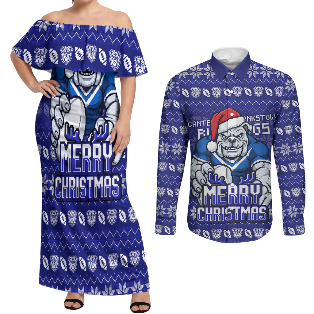Personalized Canterbury Bulldogs Christmas Couples Matching Off Shoulder Maxi Dress and Long Sleeve Button Shirt Australian Rugby Fans - Pixelated Ugly Xmas Pattern Mascot Santa