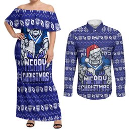 Personalized Canterbury Bulldogs Christmas Couples Matching Off Shoulder Maxi Dress and Long Sleeve Button Shirt Australian Rugby Fans - Pixelated Ugly Xmas Pattern Mascot Santa