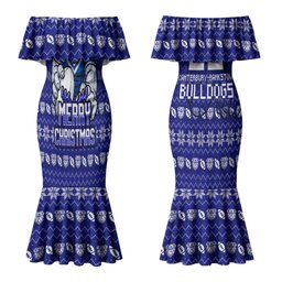 Personalized Canterbury Bulldogs Christmas Couples Matching Mermaid Dress and Hawaiian Shirt Australian Rugby Fans - Pixelated Ugly Xmas Pattern Mascot Santa