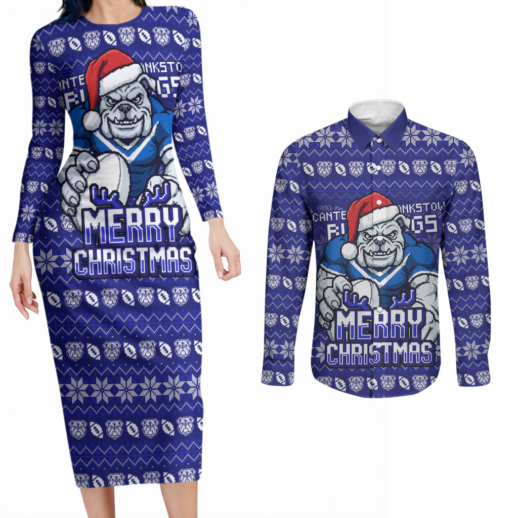 Personalized Canterbury Bulldogs Christmas Couples Matching Long Sleeve Bodycon Dress and Long Sleeve Button Shirt Australian Rugby Fans - Pixelated Ugly Xmas Pattern Mascot Santa