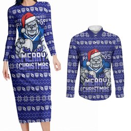 Personalized Canterbury Bulldogs Christmas Couples Matching Long Sleeve Bodycon Dress and Long Sleeve Button Shirt Australian Rugby Fans - Pixelated Ugly Xmas Pattern Mascot Santa