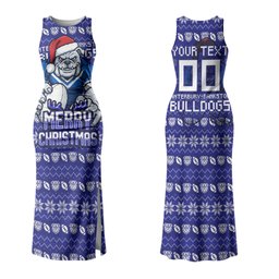 Personalized Canterbury Bulldogs Christmas Couples Matching Tank Maxi Dress and Hawaiian Shirt Australian Rugby Fans - Pixelated Ugly Xmas Pattern Mascot Santa