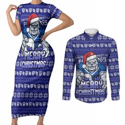 Personalized Canterbury Bulldogs Christmas Couples Matching Short Sleeve Bodycon Dress and Long Sleeve Button Shirt Australian Rugby Fans - Pixelated Ugly Xmas Pattern Mascot Santa