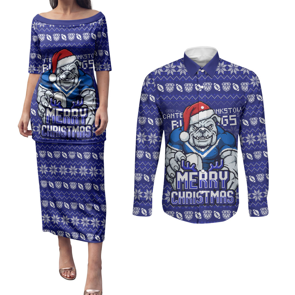 Personalized Canterbury Bulldogs Christmas Couples Matching Puletasi and Long Sleeve Button Shirt Australian Rugby Fans - Pixelated Ugly Xmas Pattern Mascot Santa
