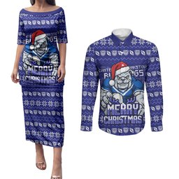 Personalized Canterbury Bulldogs Christmas Couples Matching Puletasi and Long Sleeve Button Shirt Australian Rugby Fans - Pixelated Ugly Xmas Pattern Mascot Santa