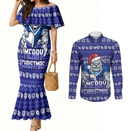 Personalized Canterbury Bulldogs Christmas Couples Matching Mermaid Dress and Long Sleeve Button Shirt Australian Rugby Fans - Pixelated Ugly Xmas Pattern Mascot Santa