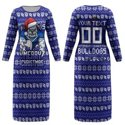 Personalized Canterbury Bulldogs Christmas Couples Matching Long Sleeve Bodycon Dress and Long Sleeve Button Shirt Australian Rugby Fans - Pixelated Ugly Xmas Pattern Mascot Santa