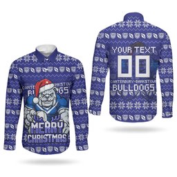 Personalized Canterbury Bulldogs Christmas Couples Matching Mermaid Dress and Long Sleeve Button Shirt Australian Rugby Fans - Pixelated Ugly Xmas Pattern Mascot Santa