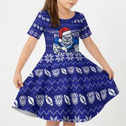 Personalized Canterbury Bulldogs Christmas Kid Short Sleeve Dress Australian Rugby Fans - Pixelated Ugly Xmas Pattern Mascot Santa