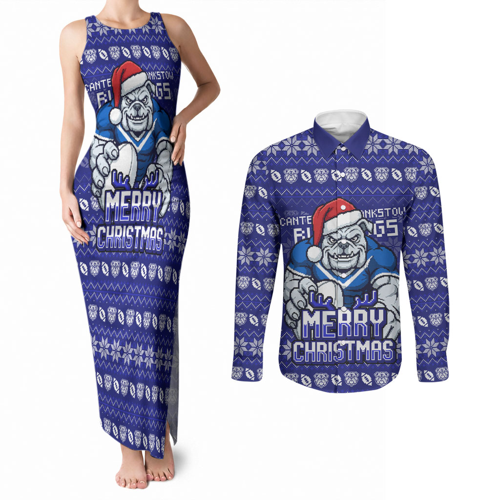 Personalized Canterbury Bulldogs Christmas Couples Matching Tank Maxi Dress and Long Sleeve Button Shirt Australian Rugby Fans - Pixelated Ugly Xmas Pattern Mascot Santa