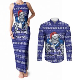 Personalized Canterbury Bulldogs Christmas Couples Matching Tank Maxi Dress and Long Sleeve Button Shirt Australian Rugby Fans - Pixelated Ugly Xmas Pattern Mascot Santa