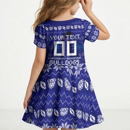 Personalized Canterbury Bulldogs Christmas Kid Short Sleeve Dress Australian Rugby Fans - Pixelated Ugly Xmas Pattern Mascot Santa