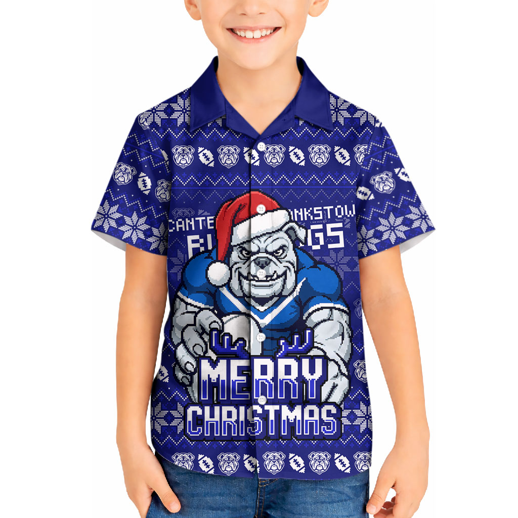 Personalized Canterbury Bulldogs Christmas Kid Hawaiian Shirt Australian Rugby Fans - Pixelated Ugly Xmas Pattern Mascot Santa