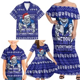 Personalized Canterbury Bulldogs Christmas Family Matching Off Shoulder Maxi Dress and Hawaiian Shirt Australian Rugby Fans - Pixelated Ugly Xmas Pattern Mascot Santa