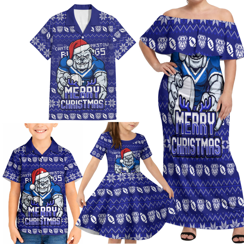 Personalized Canterbury Bulldogs Christmas Family Matching Off Shoulder Maxi Dress and Hawaiian Shirt Australian Rugby Fans - Pixelated Ugly Xmas Pattern Mascot Santa