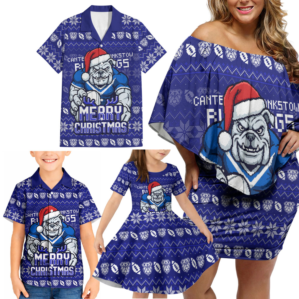 Personalized Canterbury Bulldogs Christmas Family Matching Off Shoulder Short Dress and Hawaiian Shirt Australian Rugby Fans - Pixelated Ugly Xmas Pattern Mascot Santa