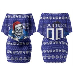 Personalized Canterbury Bulldogs Christmas Family Matching Off Shoulder Short Dress and Hawaiian Shirt Australian Rugby Fans - Pixelated Ugly Xmas Pattern Mascot Santa