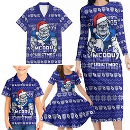 Personalized Canterbury Bulldogs Christmas Family Matching Long Sleeve Bodycon Dress and Hawaiian Shirt Australian Rugby Fans - Pixelated Ugly Xmas Pattern Mascot Santa