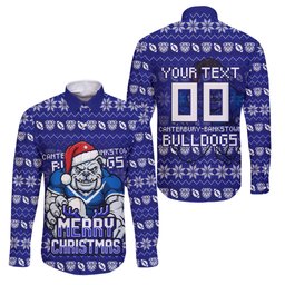Personalized Canterbury Bulldogs Christmas Family Matching Off Shoulder Maxi Dress and Hawaiian Shirt Australian Rugby Fans - Pixelated Ugly Xmas Pattern Mascot Santa