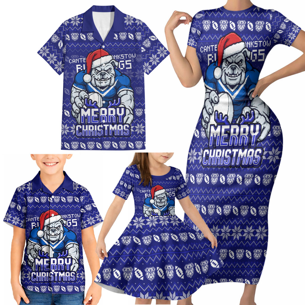 Personalized Canterbury Bulldogs Christmas Family Matching Short Sleeve Bodycon Dress and Hawaiian Shirt Australian Rugby Fans - Pixelated Ugly Xmas Pattern Mascot Santa