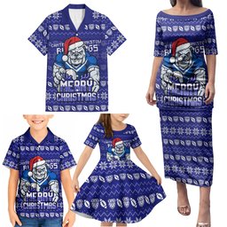 Personalized Canterbury Bulldogs Christmas Family Matching Puletasi and Hawaiian Shirt Australian Rugby Fans - Pixelated Ugly Xmas Pattern Mascot Santa