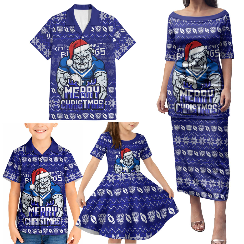 Personalized Canterbury Bulldogs Christmas Family Matching Puletasi and Hawaiian Shirt Australian Rugby Fans - Pixelated Ugly Xmas Pattern Mascot Santa