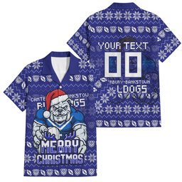 Personalized Canterbury Bulldogs Christmas Family Matching Short Sleeve Bodycon Dress and Hawaiian Shirt Australian Rugby Fans - Pixelated Ugly Xmas Pattern Mascot Santa