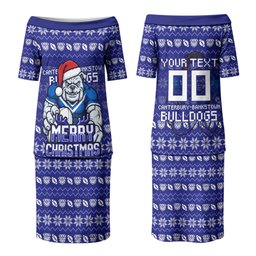 Personalized Canterbury Bulldogs Christmas Family Matching Puletasi and Hawaiian Shirt Australian Rugby Fans - Pixelated Ugly Xmas Pattern Mascot Santa