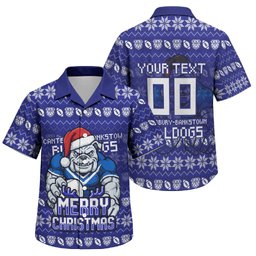 Personalized Canterbury Bulldogs Christmas Family Matching Off Shoulder Short Dress and Hawaiian Shirt Australian Rugby Fans - Pixelated Ugly Xmas Pattern Mascot Santa