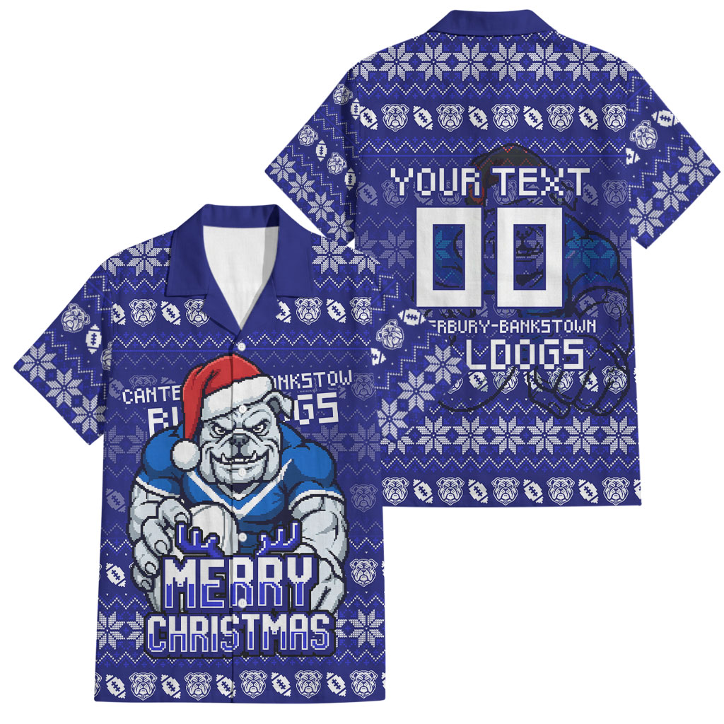 Personalized Canterbury Bulldogs Christmas Family Matching Puletasi and Hawaiian Shirt Australian Rugby Fans - Pixelated Ugly Xmas Pattern Mascot Santa