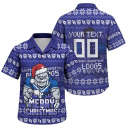 Personalized Canterbury Bulldogs Christmas Family Matching Short Sleeve Bodycon Dress and Hawaiian Shirt Australian Rugby Fans - Pixelated Ugly Xmas Pattern Mascot Santa