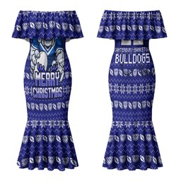 Personalized Canterbury Bulldogs Christmas Family Matching Mermaid Dress and Hawaiian Shirt Australian Rugby Fans - Pixelated Ugly Xmas Pattern Mascot Santa