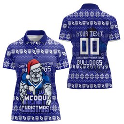 Personalized Canterbury Bulldogs Christmas Women Polo Shirt Australian Rugby Fans - Pixelated Ugly Xmas Pattern Mascot Santa