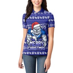 Personalized Canterbury Bulldogs Christmas Women Polo Shirt Australian Rugby Fans - Pixelated Ugly Xmas Pattern Mascot Santa