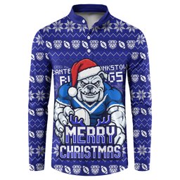 Personalized Canterbury Bulldogs Christmas Button Sweatshirt Australian Rugby Fans - Pixelated Ugly Xmas Pattern Mascot Santa