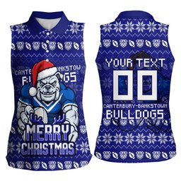 Personalized Canterbury Bulldogs Christmas Women Sleeveless Polo Shirt Australian Rugby Fans - Pixelated Ugly Xmas Pattern Mascot Santa