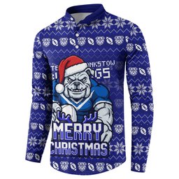 Personalized Canterbury Bulldogs Christmas Button Sweatshirt Australian Rugby Fans - Pixelated Ugly Xmas Pattern Mascot Santa