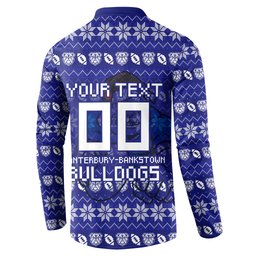 Personalized Canterbury Bulldogs Christmas Button Sweatshirt Australian Rugby Fans - Pixelated Ugly Xmas Pattern Mascot Santa