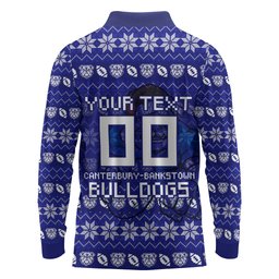 Personalized Canterbury Bulldogs Christmas Long Sleeve Polo Shirt Australian Rugby Fans - Pixelated Ugly Xmas Pattern Mascot Santa