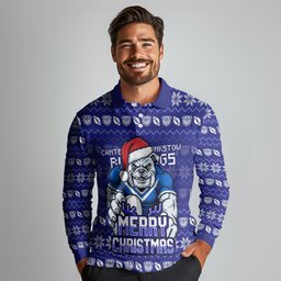 Personalized Canterbury Bulldogs Christmas Long Sleeve Polo Shirt Australian Rugby Fans - Pixelated Ugly Xmas Pattern Mascot Santa