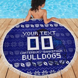 Personalized Canterbury Bulldogs Christmas Beach Blanket Australian Rugby Fans - Pixelated Ugly Xmas Pattern Mascot Santa