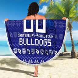 Personalized Canterbury Bulldogs Christmas Beach Blanket Australian Rugby Fans - Pixelated Ugly Xmas Pattern Mascot Santa