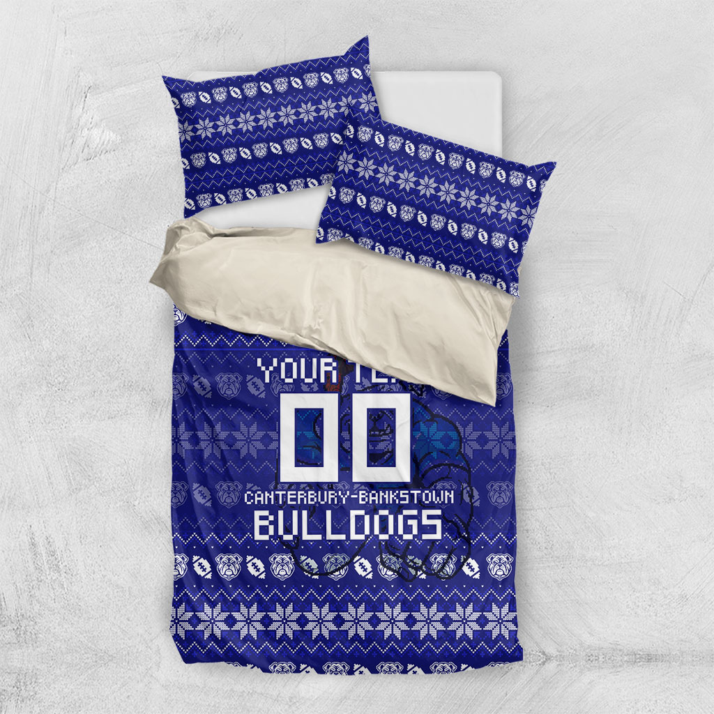 Personalized Canterbury Bulldogs Christmas Bedding Set Australian Rugby Fans - Pixelated Ugly Xmas Pattern Mascot Santa