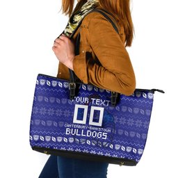 Personalized Canterbury Bulldogs Christmas Leather Tote Bag Australian Rugby Fans - Pixelated Ugly Xmas Pattern Mascot Santa