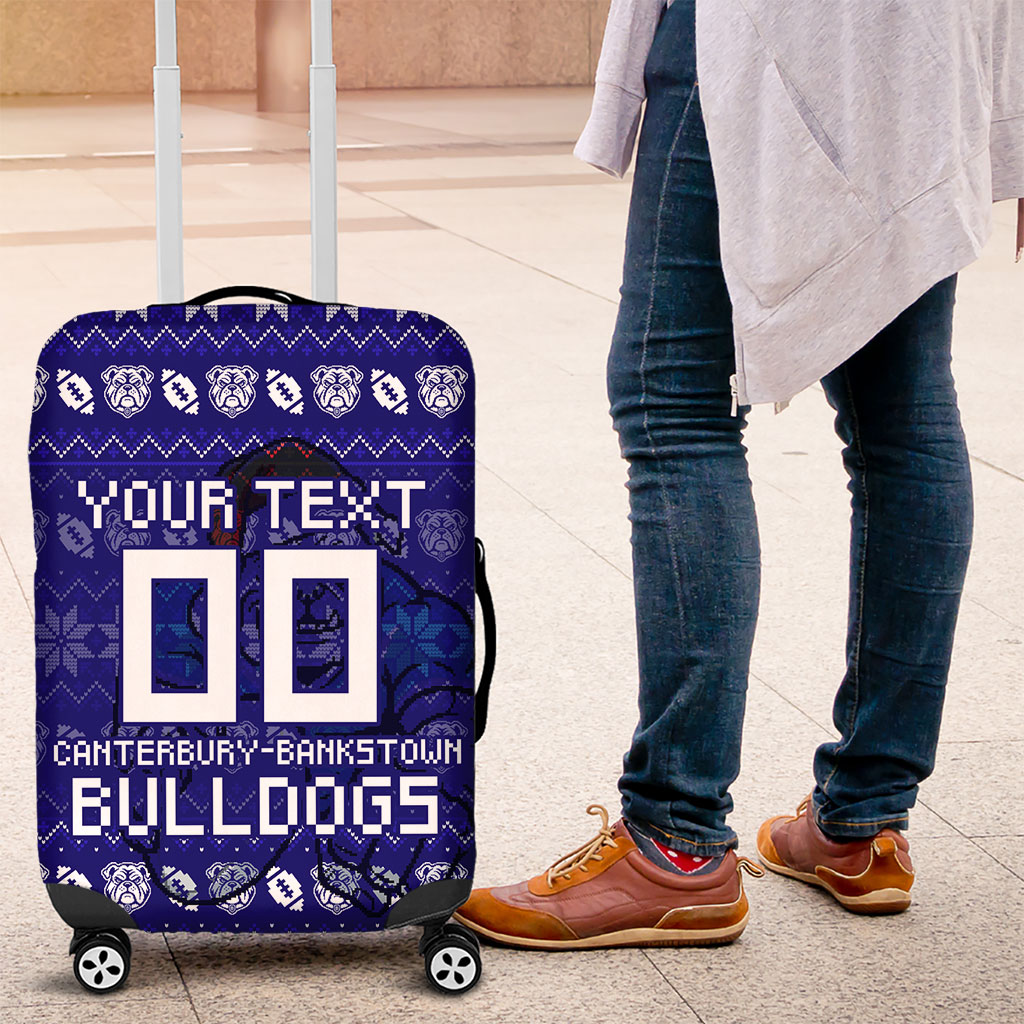 Personalized Canterbury Bulldogs Christmas Luggage Cover Australian Rugby Fans - Pixelated Ugly Xmas Pattern Mascot Santa
