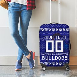 Personalized Canterbury Bulldogs Christmas Luggage Cover Australian Rugby Fans - Pixelated Ugly Xmas Pattern Mascot Santa