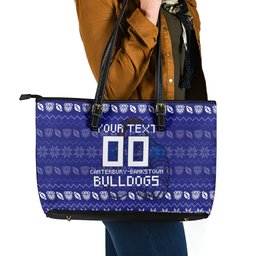 Personalized Canterbury Bulldogs Christmas Leather Tote Bag Australian Rugby Fans - Pixelated Ugly Xmas Pattern Mascot Santa
