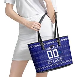 Personalized Canterbury Bulldogs Christmas Leather Tote Bag Australian Rugby Fans - Pixelated Ugly Xmas Pattern Mascot Santa