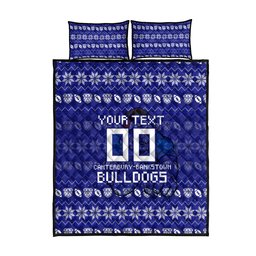 Personalized Canterbury Bulldogs Christmas Quilt Bed Set Australian Rugby Fans - Pixelated Ugly Xmas Pattern Mascot Santa